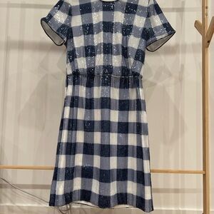 Blue and White A-line Casual Dress with Crew Neck